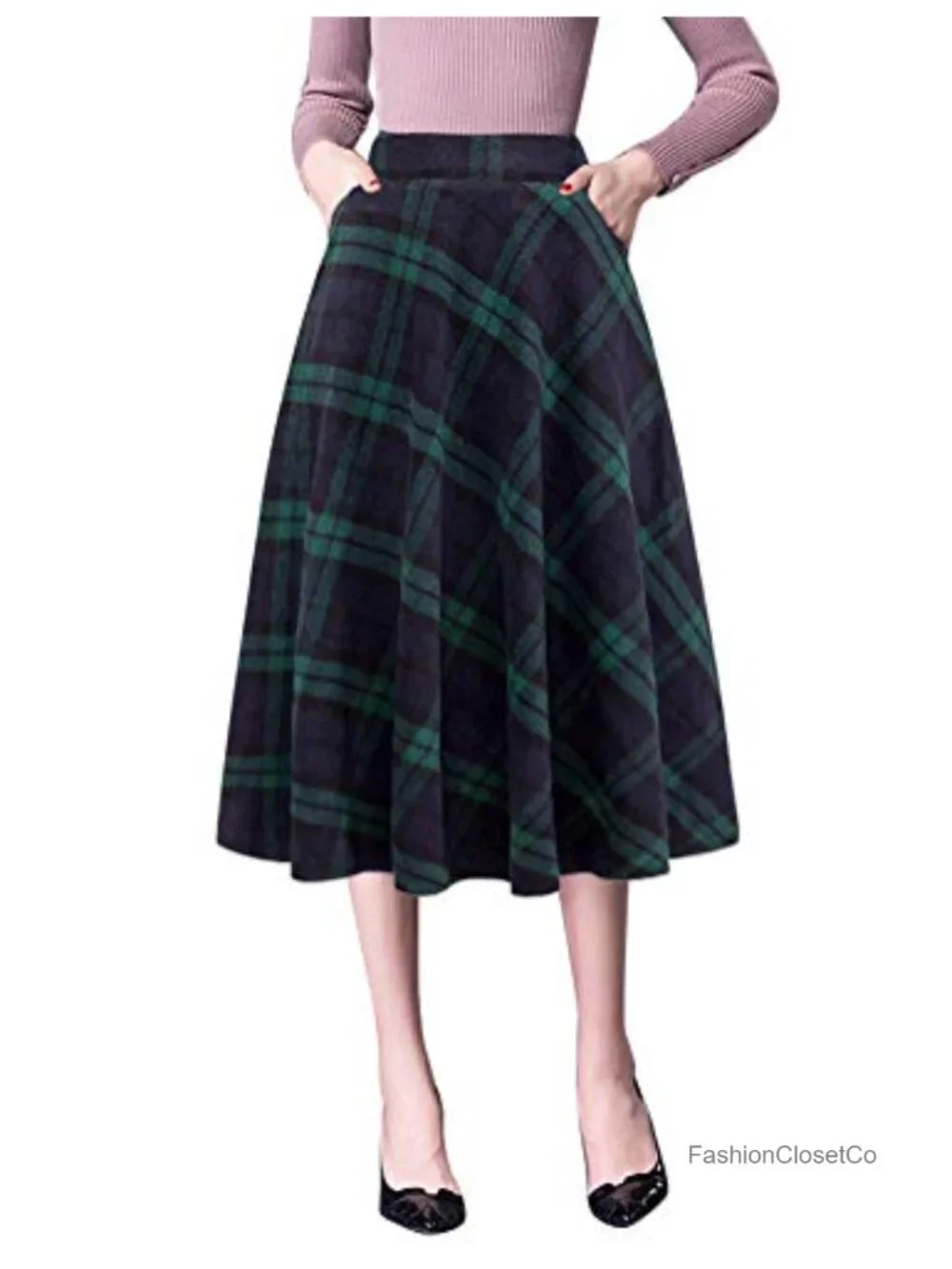 Wool Blend High Waisted Pleated Midi Skirt with Pockets